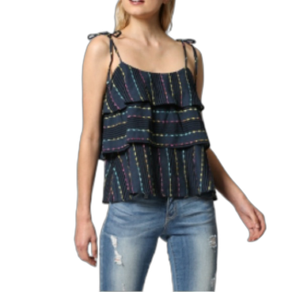 Fate Women's NWT Navy Embroidered Tie Shoulder Sleeveless Tiered Top Size S